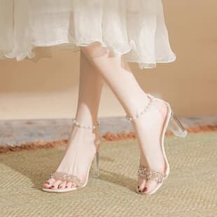 Silver Rhinestone Ribbon High Heel Sandals, French Style Elegant Pearl Ankle Strap, Open Toe Transparent Crystal High Heel Sandals