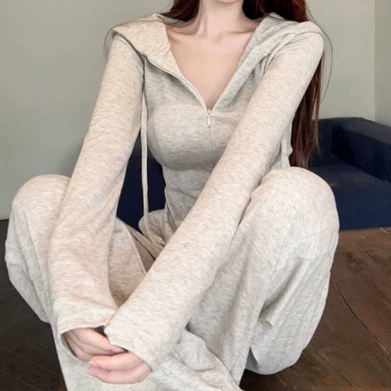 Sport Casual Hoodie Set Women 2024 Fall French Simple Short Top Wide-Leg Long Pants Two-Piece Set