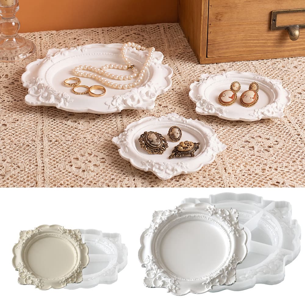 Cross-border European Vintage Lace Tray Resin Mold Baroque Relief Aromatherapy Gypsum Dish Silicone Mold