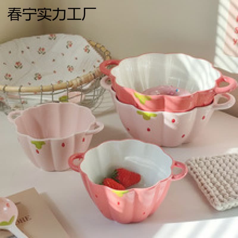 Cute Ceramic Instant Noodle Bowl with Double Handles, Personal Anti-scald Strawberry Petal Bowl for Fruit Salad, Soup, and Noodles