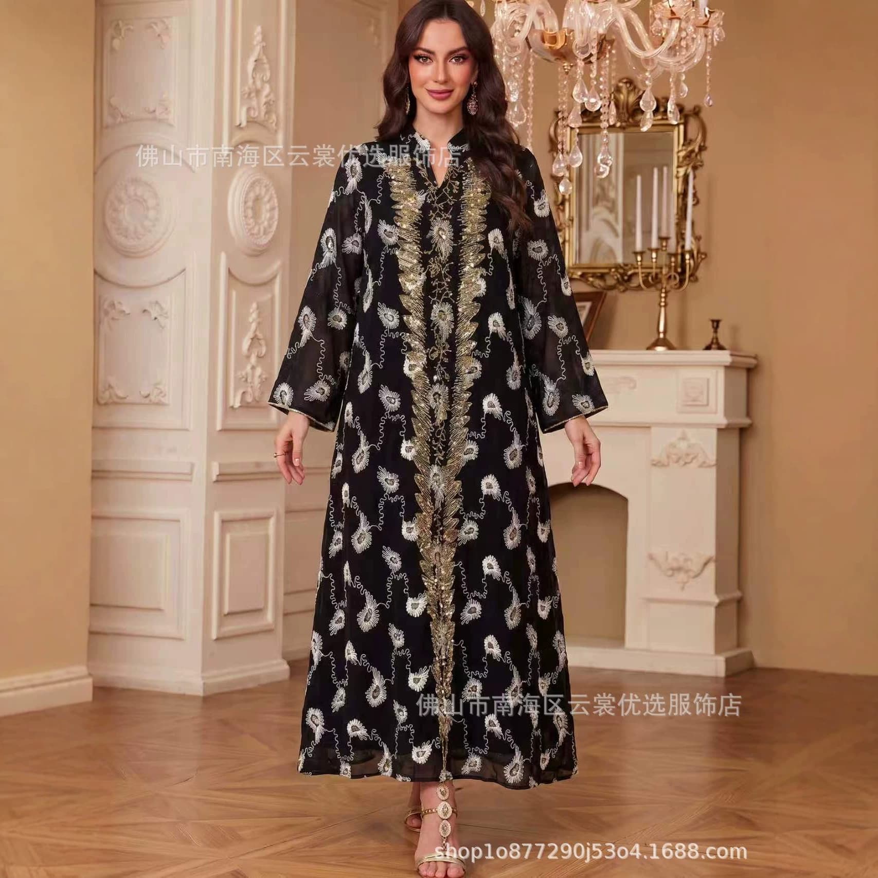 Cross-border foreign trade new style white jacquard organza hand-beaded gold thread embroidered ethnic style women's dress