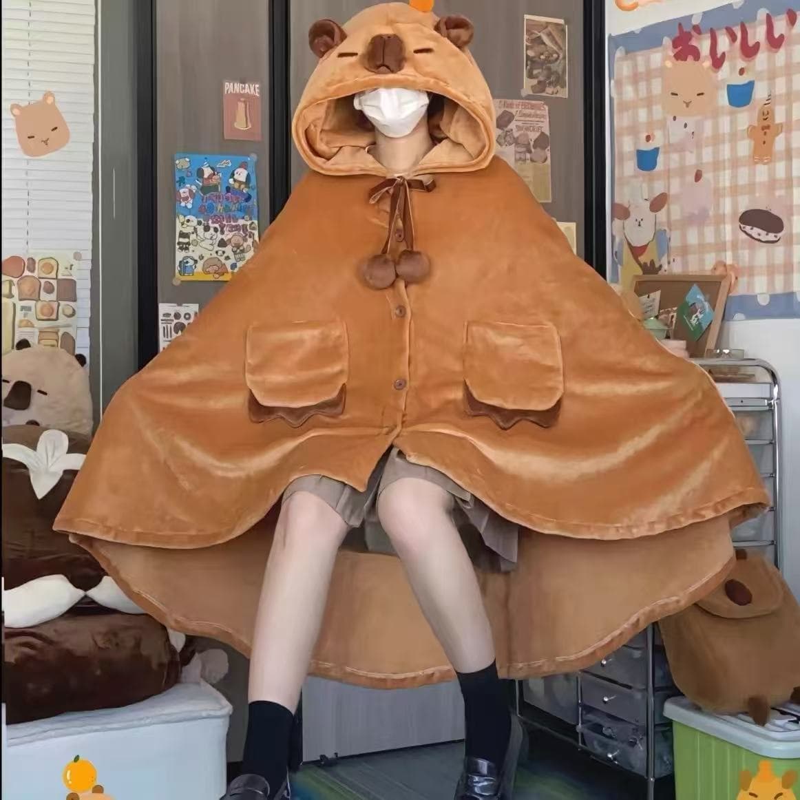 Cute Cartoon Air Conditioner Kapibala Blanket Coral Fleece Nap Shawl Cape Hooded Bathrobe