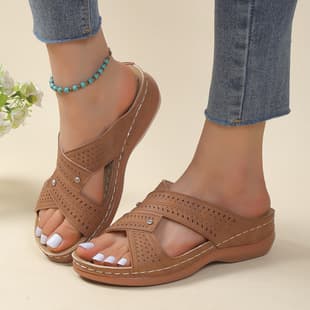 Cross Round Toe Women Casual Plus Size High Heel with Hollow Cross-Border New Wedge Heel Rivet Decoration Women Sandals Slippers
