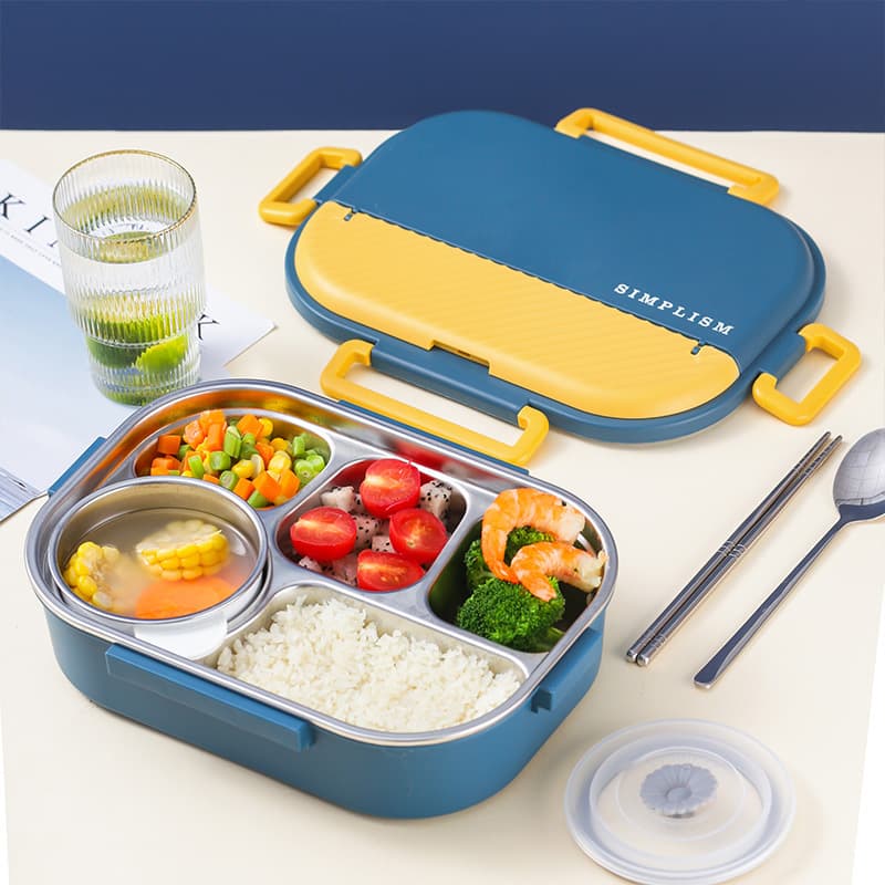 Student 304 Stainless Steel Insulated Lunch Box, Japanese-Style Square Divided Lunch Box, Double-Layer Water-Filled Heated Lunch Box