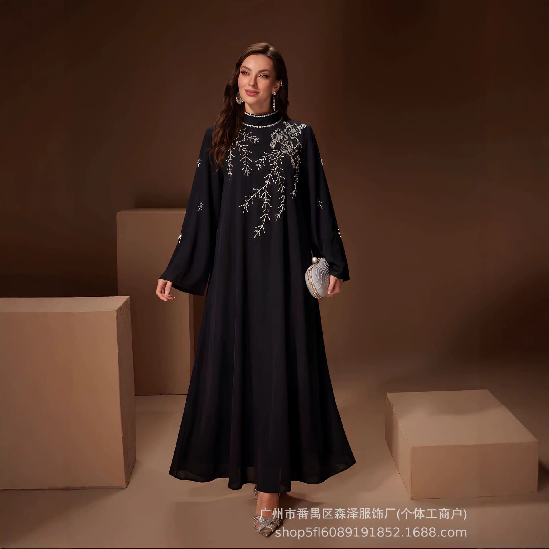 2026 New Heavy Industry Beaded Black Dress Loose Swing Long Sleeve Elegant Evening Dress Cross-Border