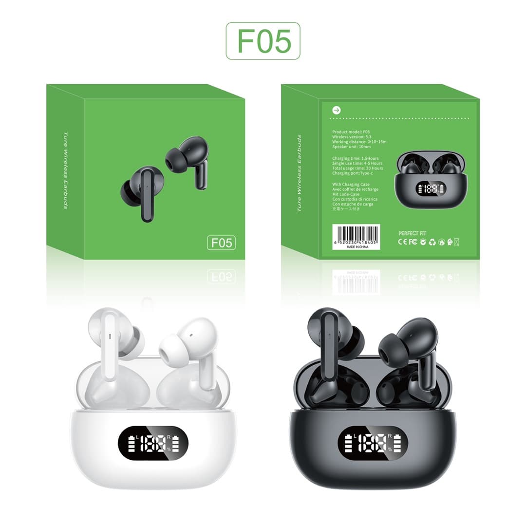 Cross-border new F05 wireless Bluetooth headset 5.3 low latency long battery life TWS smart LED digital display sports headset