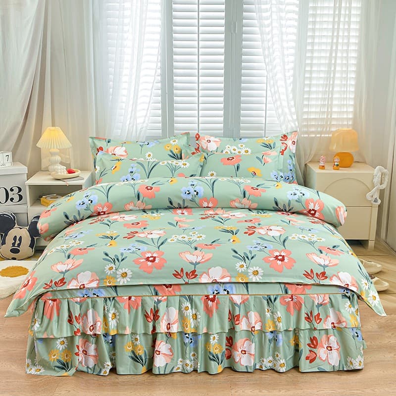 Lace Bed Skirt 4-Piece Set Princess Bed Cover Brushed Fabric Sheet Duvet Cover Pillowcase Set Active Print Lace Style