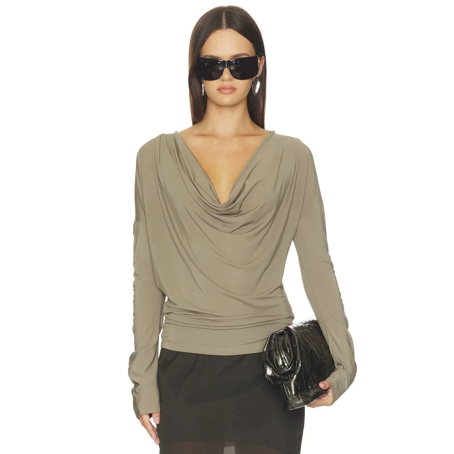 European & American Minimalist Draped Cowl Neck Long Sleeve T-Shirt for Women, Elegant Open Back Fitted Top, Amazon Style