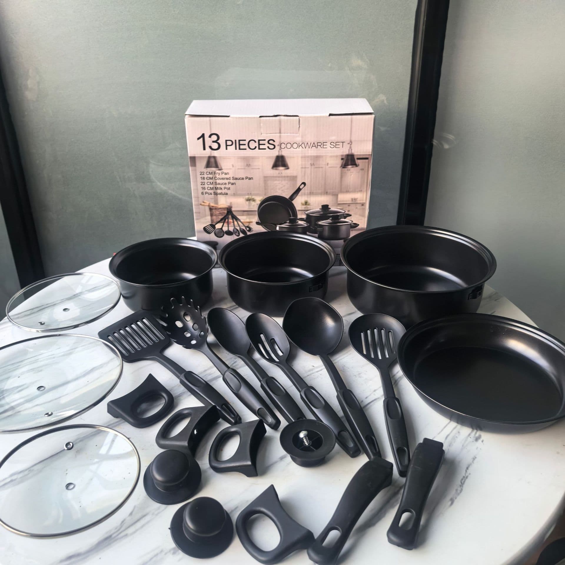 Factory Direct 13-Piece Cookware Set for Export to Philippines Indonesia, Includes Frying Pan, Milk Pot, Soup Pot, Kitchen Utensil Set
