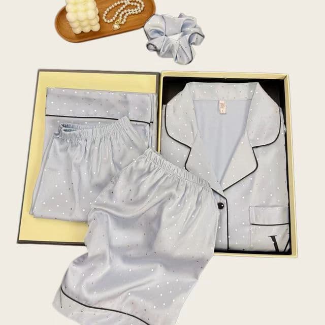 2026 New Style Pajama Short Sleeve Shorts Long Pants 3-Piece Set Ice Silk Big V Sparkle Casual Homewear Set