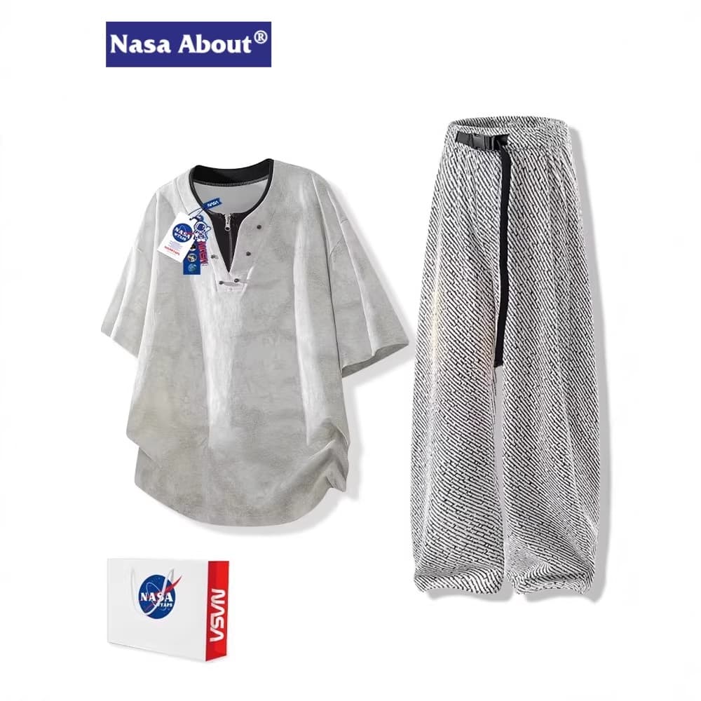 NASA ABOUT Faux Two-Piece Half-Zip Short Sleeve Casual Set for Men Summer Loose Sportswear Two-Piece Set