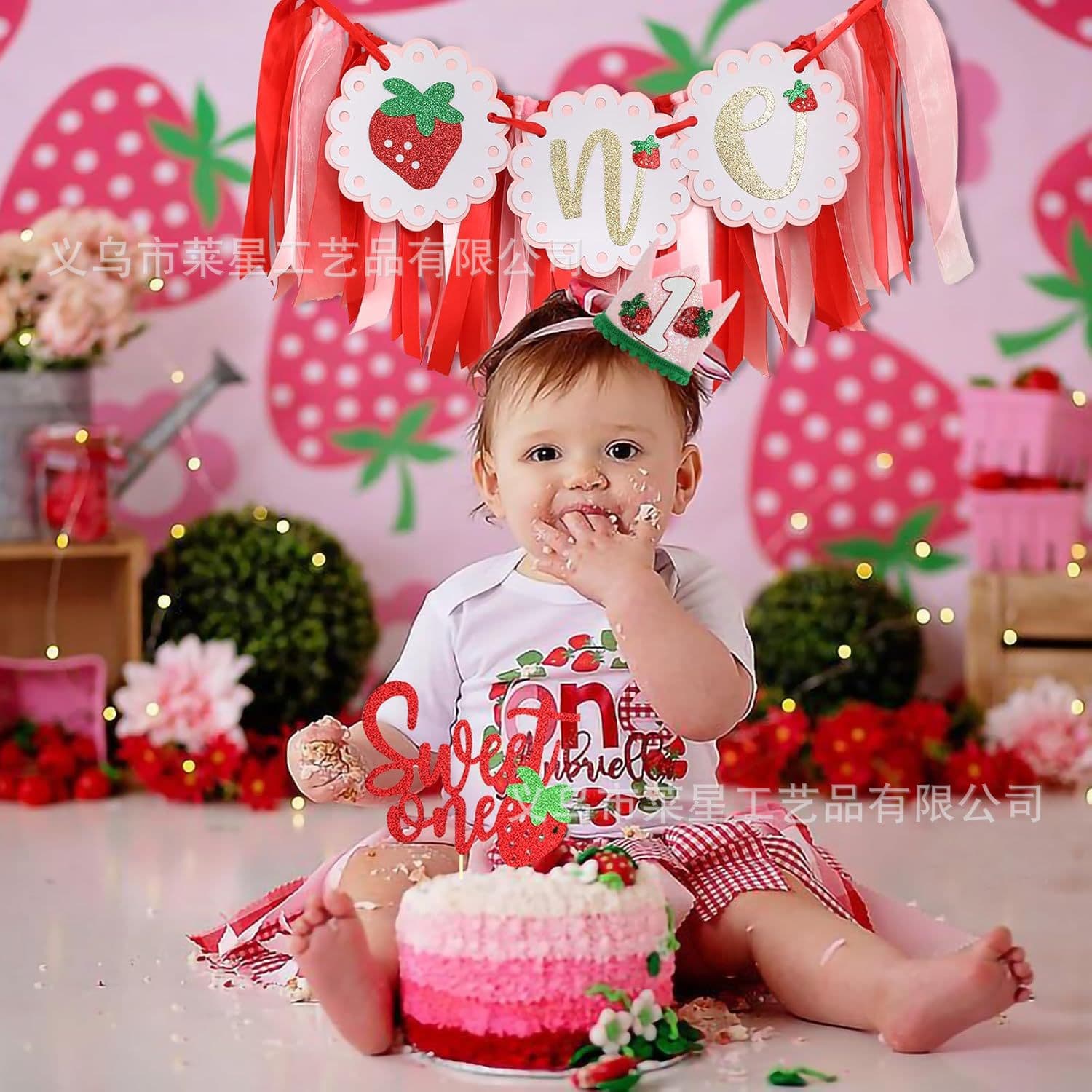 Amazon Baby One Year Old Party Decoration Strawberry Dining Chair Flag Set Birthday Party High Chair Flag