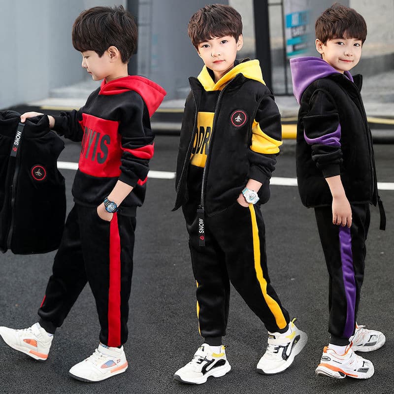 Boys Kids Set Fall/Winter 2026 New Style Handsome Big Kids Fleece-Lined Three-Piece Outfit Trendy