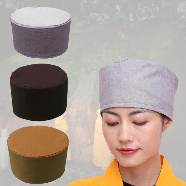Monk Hat, Lay Buddhist Cap, Monastic Headwear for Monks/Nuns in Coffee, Gray, and Yellow Colors