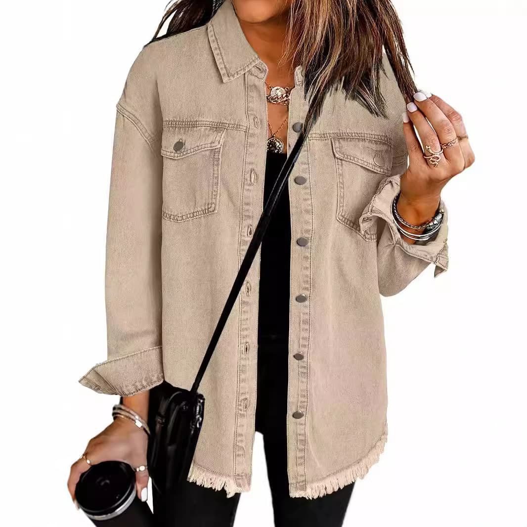 New Cross-Border Washed Denim Shirt Jacket for Women, European and American Fall/Winter Street Style with Frayed Hem Coat