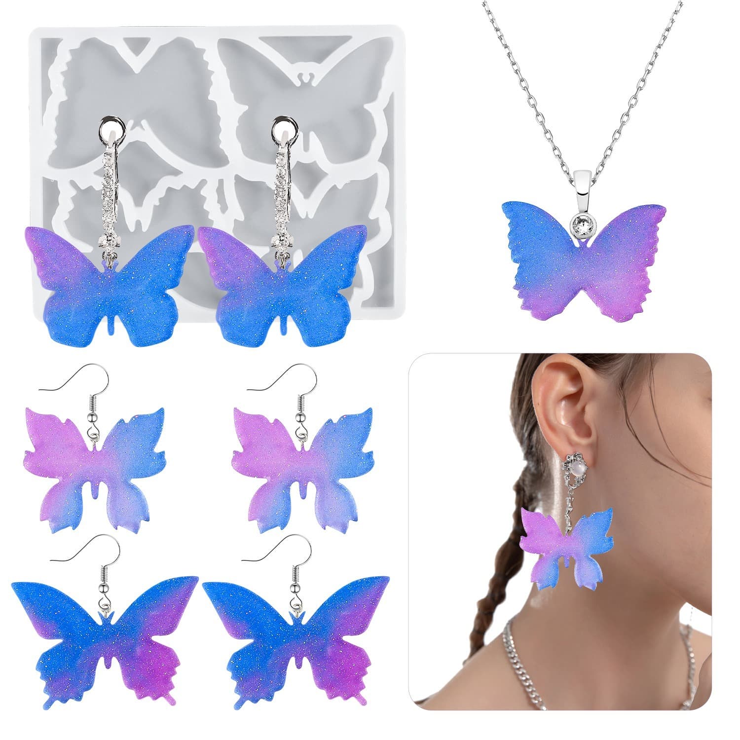 Deyi Life 4-Connected Butterfly Crystal Resin Mold Earring Necklace Pendant Silicone Mold Brooch Accessory