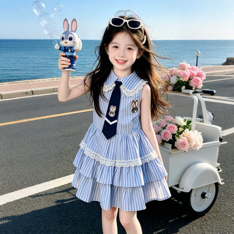 Girls' Dress Summer 2026 New Preppy Style Sleeveless Tiered Dress Children's Stylish Bunny Police Officer Princess Dress