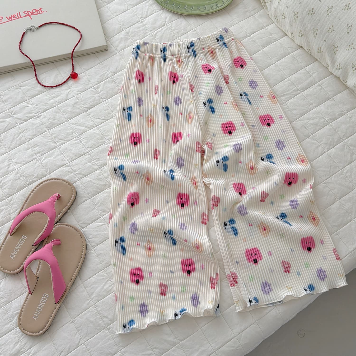 Xie Jinmao Girls' Cooling Casual Pants 2026 Summer Wrinkle Ice Silk Digital Print Kids Mosquito-Repellent Pants Fashion