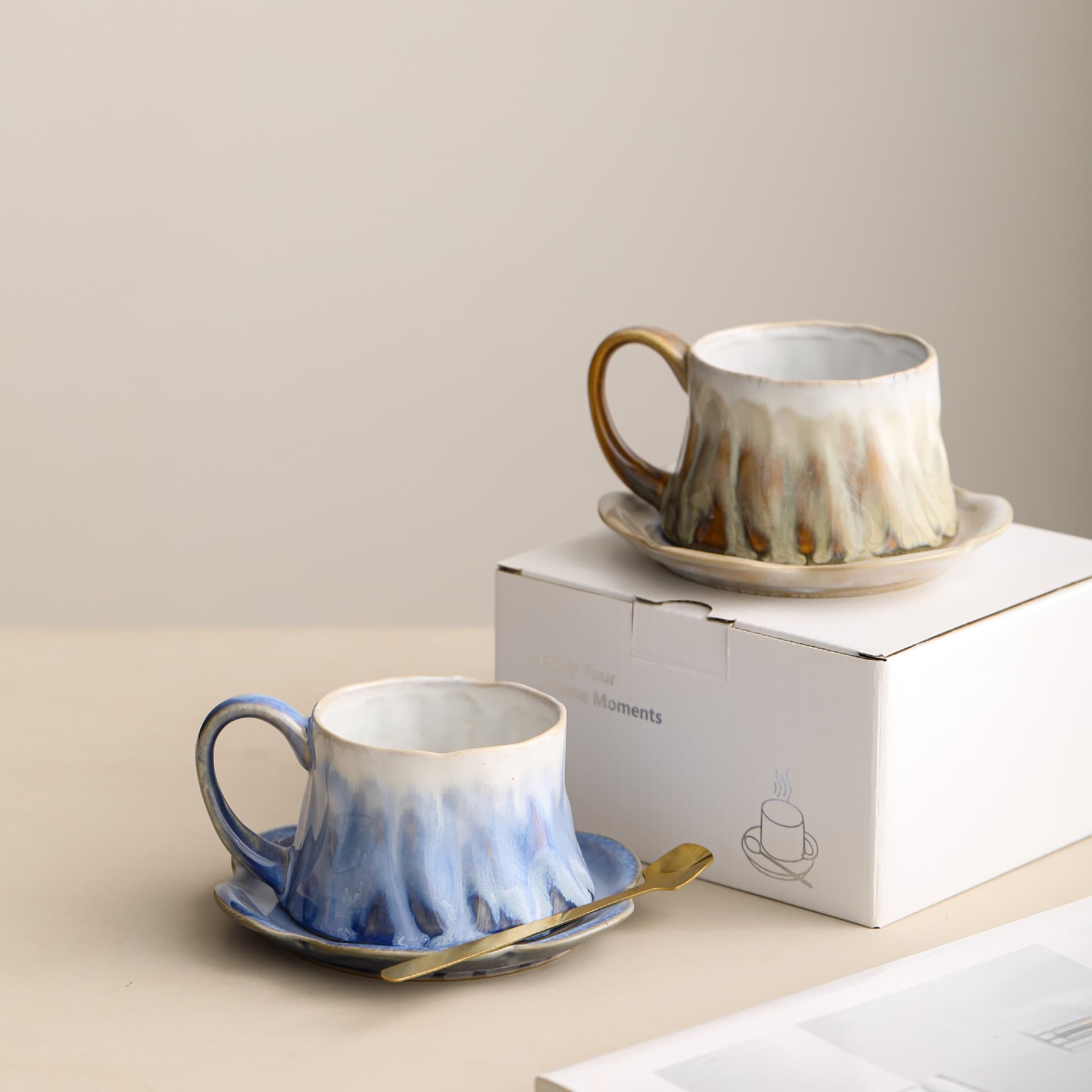 Kiln-turned volcano-shaped ceramic coffee cup, saucer, afternoon tea cup, handmade cup with gift box and spoon, handmade ceramic cup