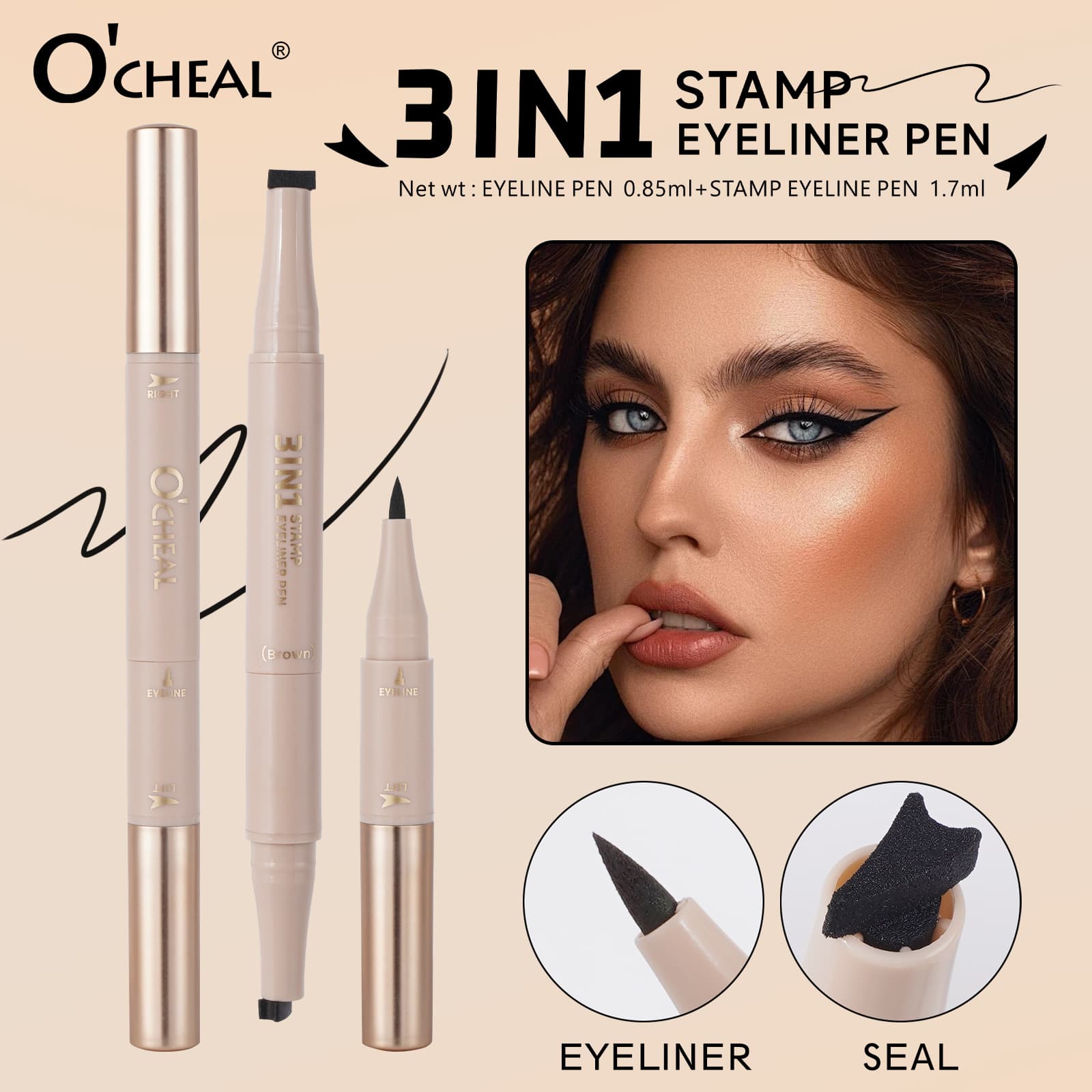 Cross-border Bestseller Double-Ended Stamp Eyeliner Waterproof Smudge-proof Triangular Wing Three-in-One Stamp Eyeliner