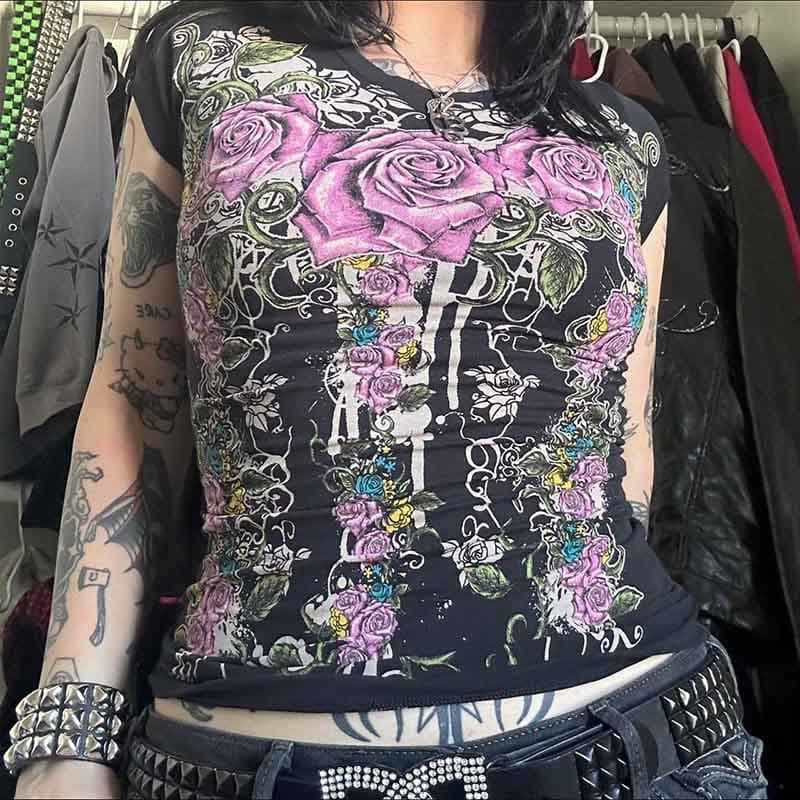 Summer Women's Dark Gothic Skull Print Slim Fit Short Sleeve T-Shirt Top Cross-Border Wholesale EMO