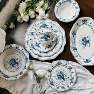 French Blue South of France Garden Series Ceramic Dinnerware - Ceramic Plate, Coffee Cup & Saucer, Ceramic Bowl, Dessert Plate, Dinner Plate