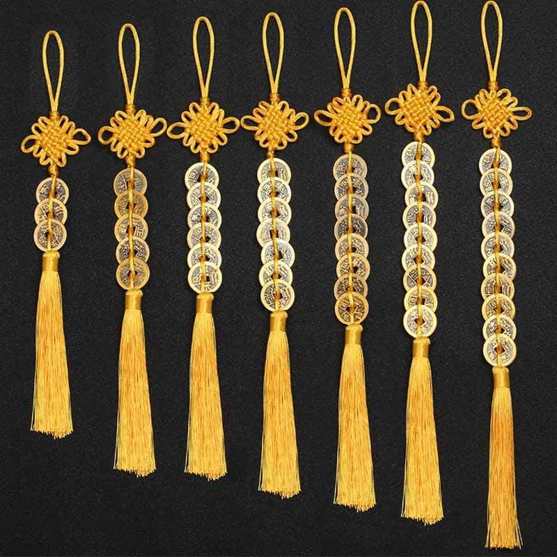 Yellow Chinese Knot Pure Copper Five Emperor Coin Pendants, Pure Copper Coins Yellow Rope Five Emperor Coins Six Emperor Ten Emperor Coin Strings Door-to-Door