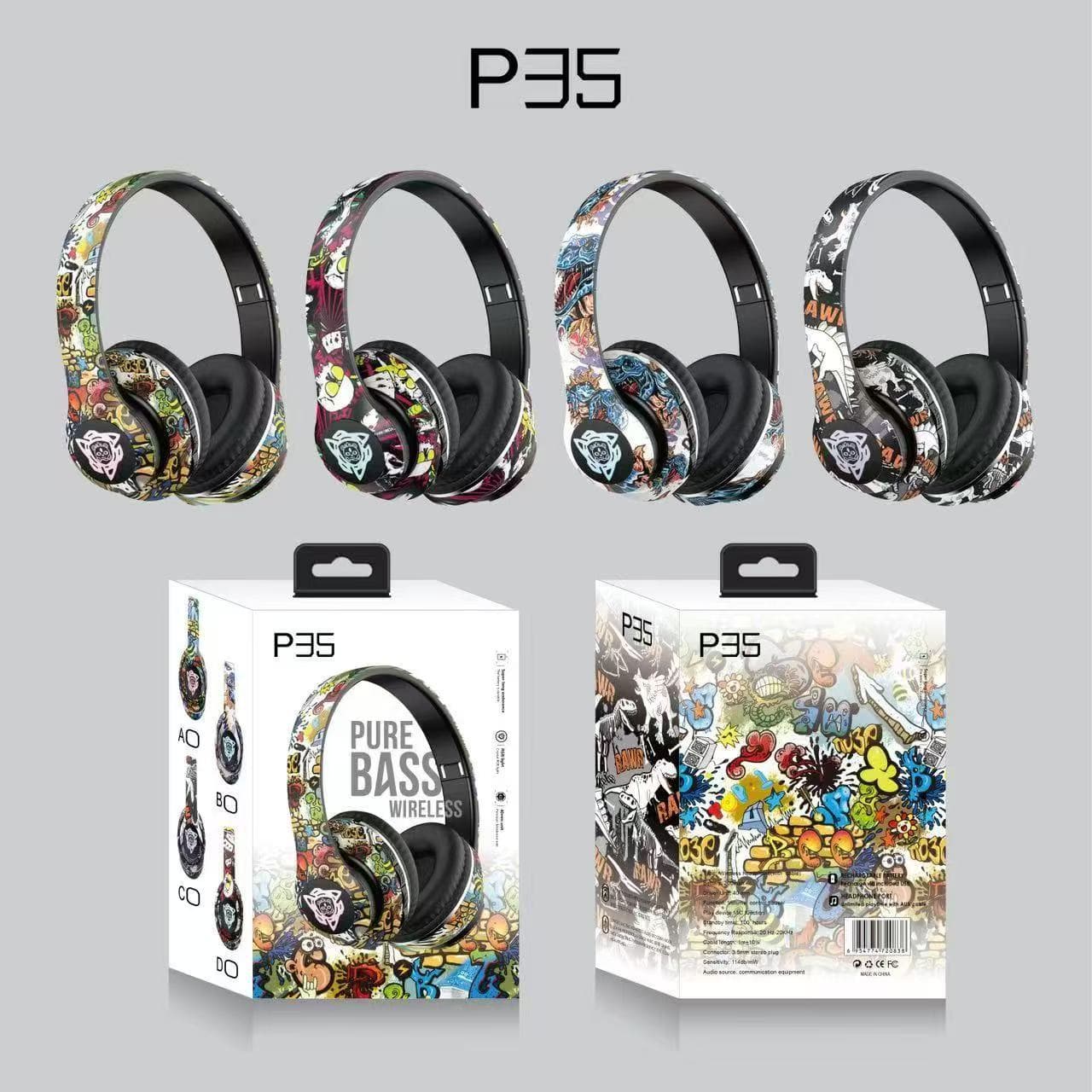New Cross-Border P35 Over-Ear Bluetooth Headphones Glowing Gaming Wireless with Card Slot Chinese Trend Graffiti Bluetooth Headset