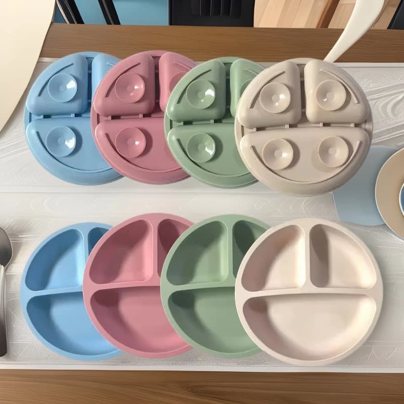 Food-Grade Silicone Anti-Drop Suction Plate Baby Food Plate Children's Divided Smiley Face Plate High-Temperature Resistant Tableware