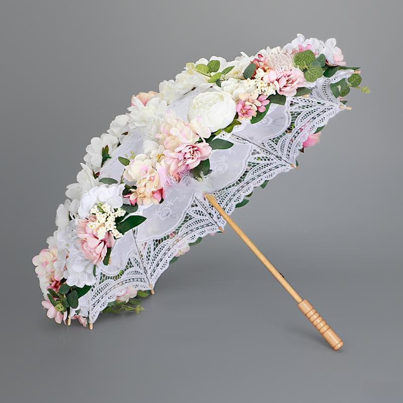 Floral Umbrella French Vintage Lolita Style White Lace Parasol for Bridal Photography, Decorative Fresh Aesthetic Flower Umbrella