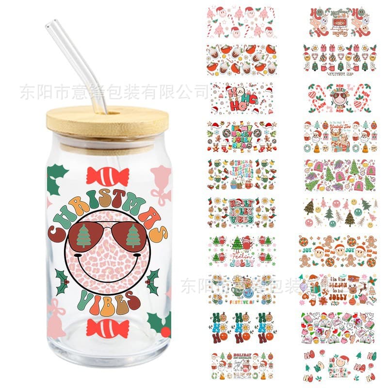 Christmas Smiley Face UV DTF Crystal Clear Sticker JollyHolly Cute Cartoon Pattern Holiday Party Decoration