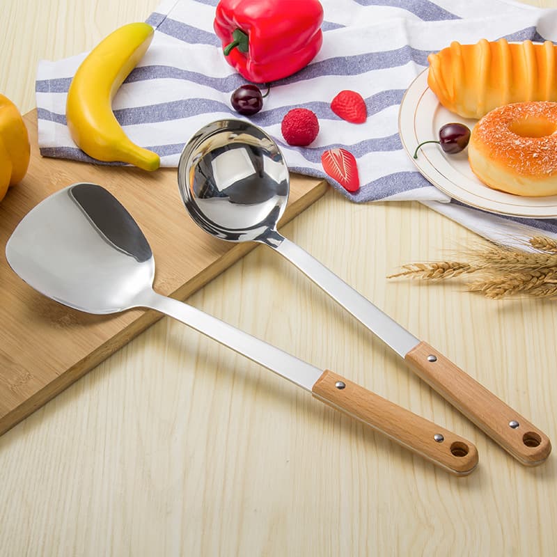New Stainless Steel Spatula Soup Spoon High Temperature Resistant Kitchenware Household Kitchen Wooden Handle Spatula Porridge Spoon Cooking Spatula Set