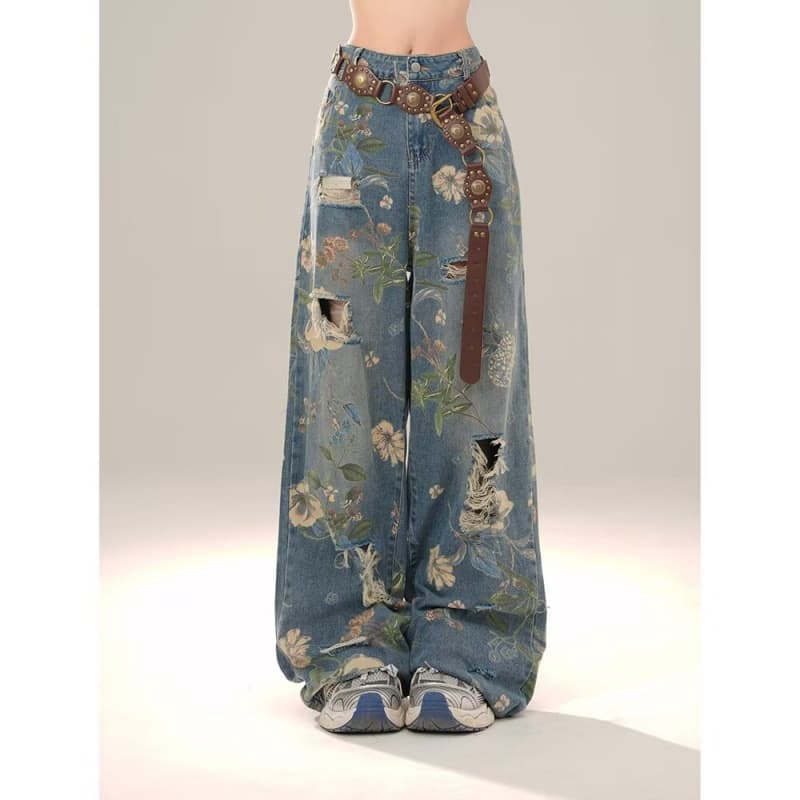 American Street Style Printed Jeans Trendy Brand Loose Versatile Design Drop-Crotch Wide-Leg Pants