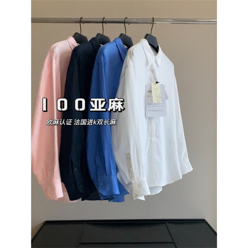 IN BLUE high-end line! 100 linen French imported K double long linen old money style relaxed solid color linen shirt
