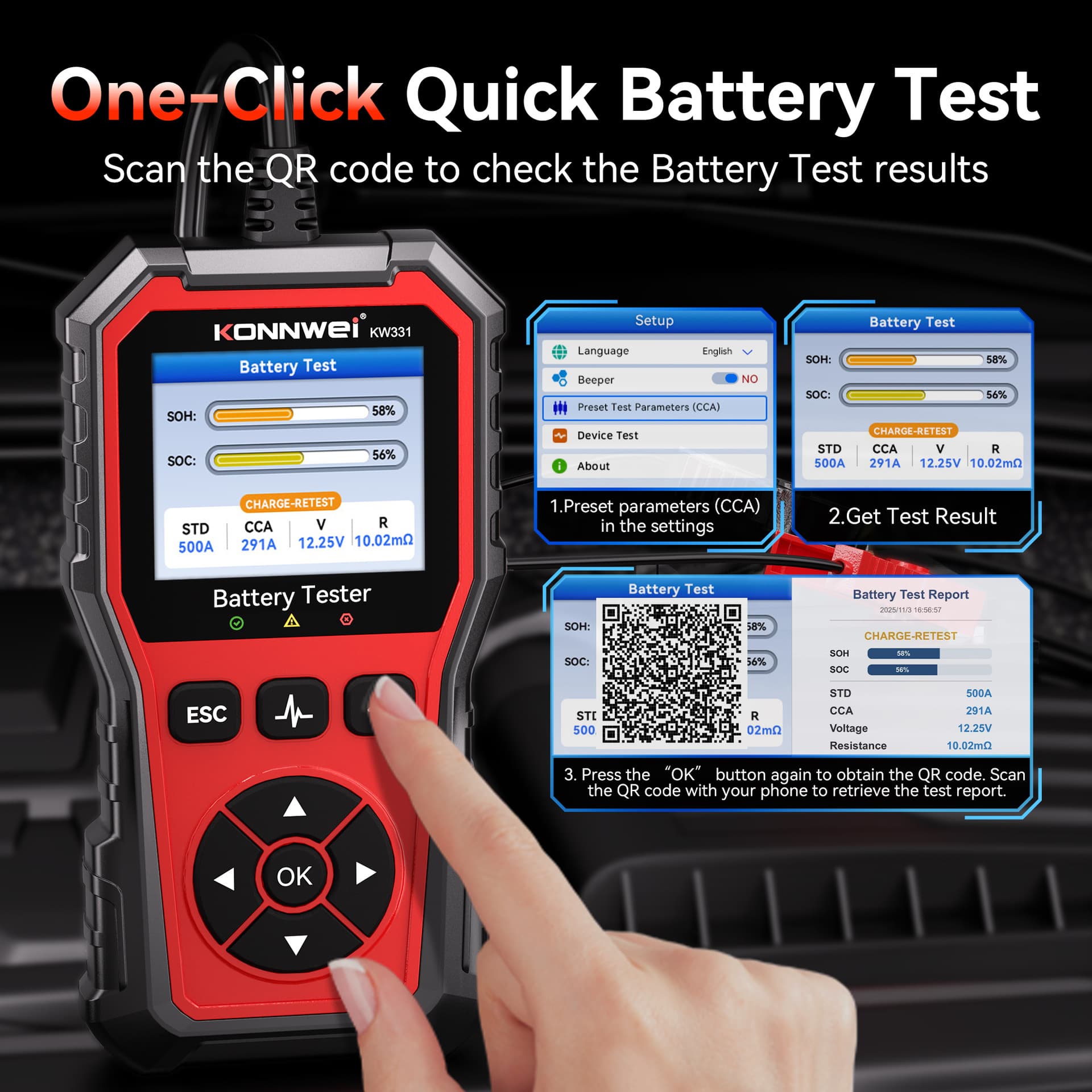 KW331, 6V 12V 24V Car Motorcycle Battery Tester with QR Code Scan Results Function, Fully Certified