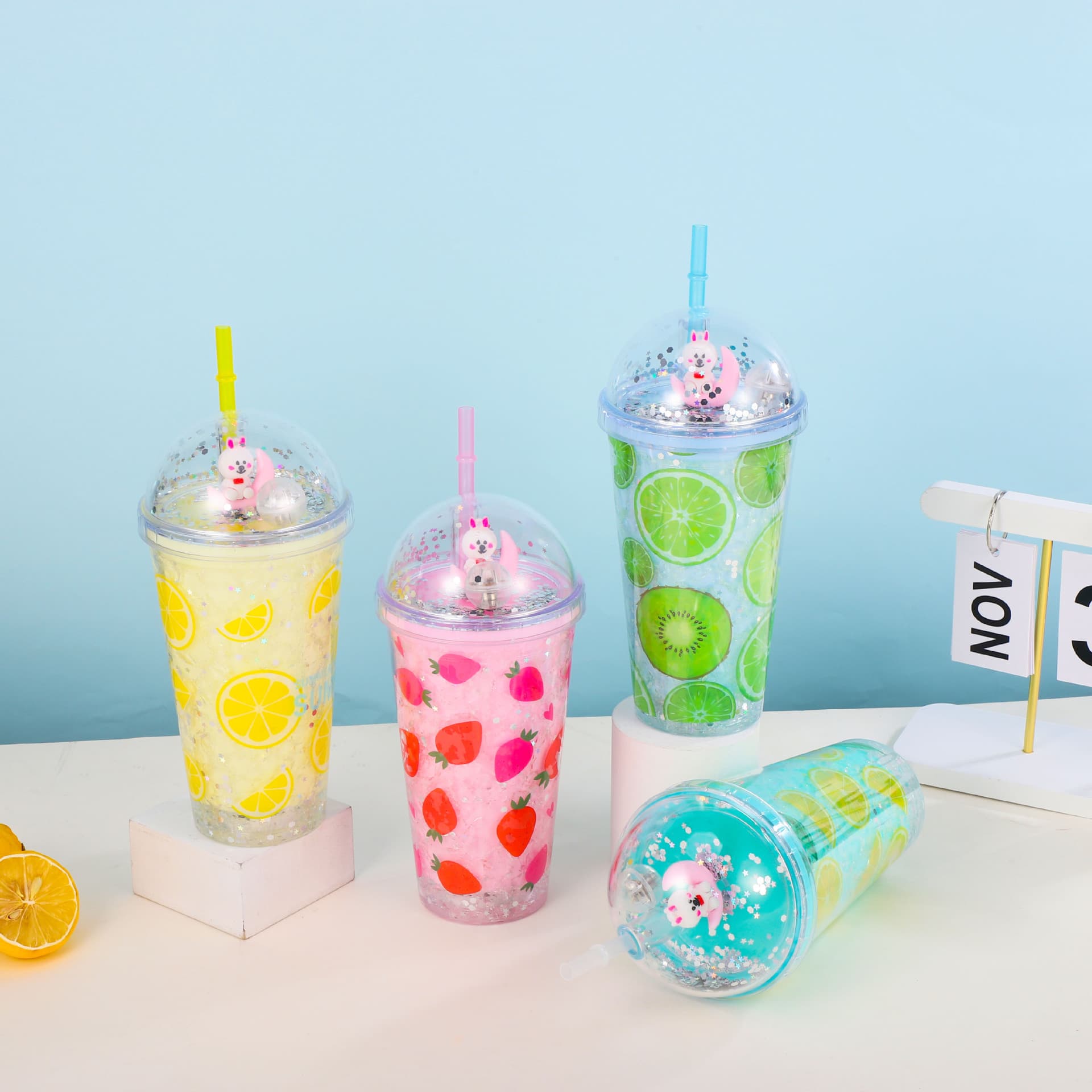 Creative Fashion Cartoon Fruit Plastic Cup, Cute Little Rabbit Straw Water Cup, Portable Large Capacity Plastic Cup for Outdoor Use