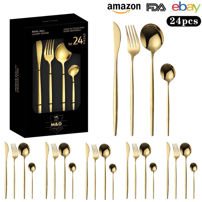 Stainless Steel Cutlery Set 24pcs Gold Color Dinnerware Set for 6 People Western Dining Knife Fork Set Modern Simple Style
