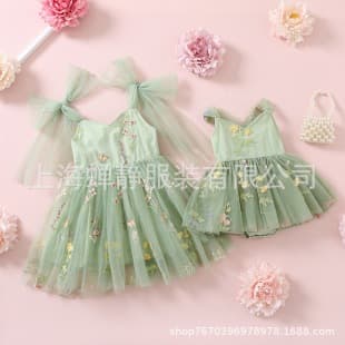 Sisters Girls Dress Baby Romper Summer Sweet Style Embroidered Tulle Dress Twins Matching Outfits
