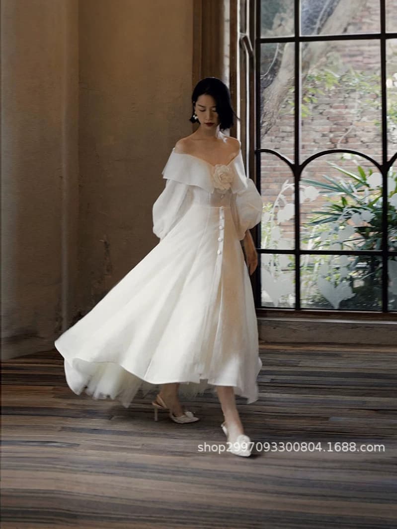 Strapless French Vintage Puffy Dress Light Wedding Gown Evening Dress for Petite