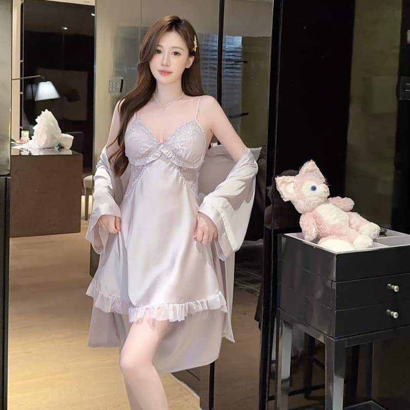 Sexy new pure lust style pajamas with breast pads for women, suspender nightgown, ice silk pajamas, women's lace skirt, home clothes