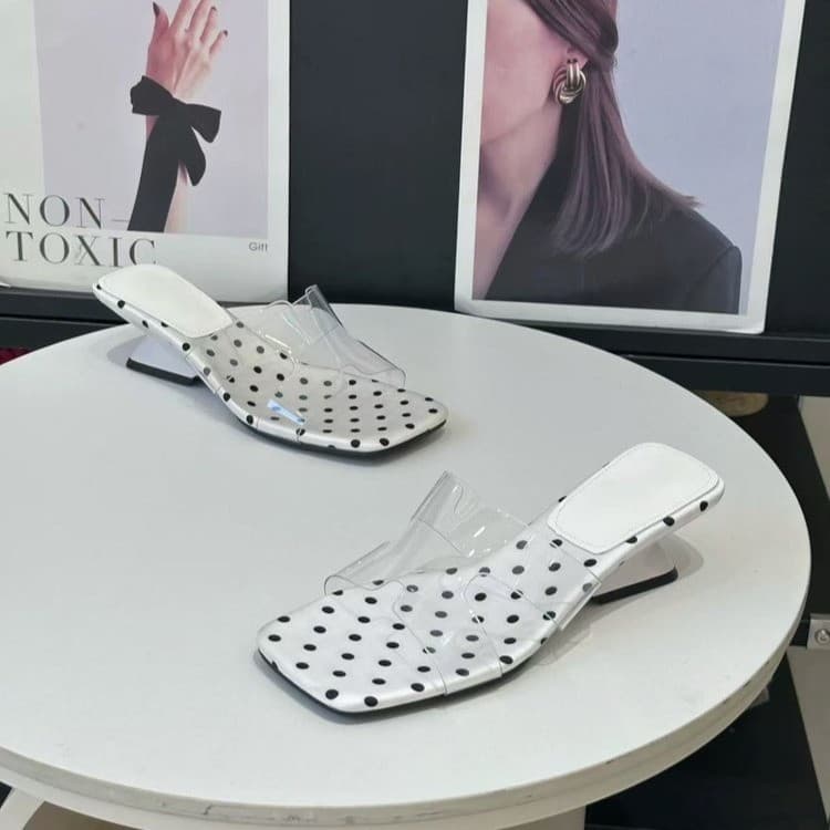 2026 Summer New Square Toe Polka Dot Transparent Slides, French Style Wedge Heel Outdoor Slippers, Elegant Slippers
