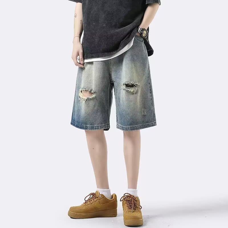 Tide cloth ripped denim shorts men's summer distressed straight summer new loose five-quarter pants men's casual pants