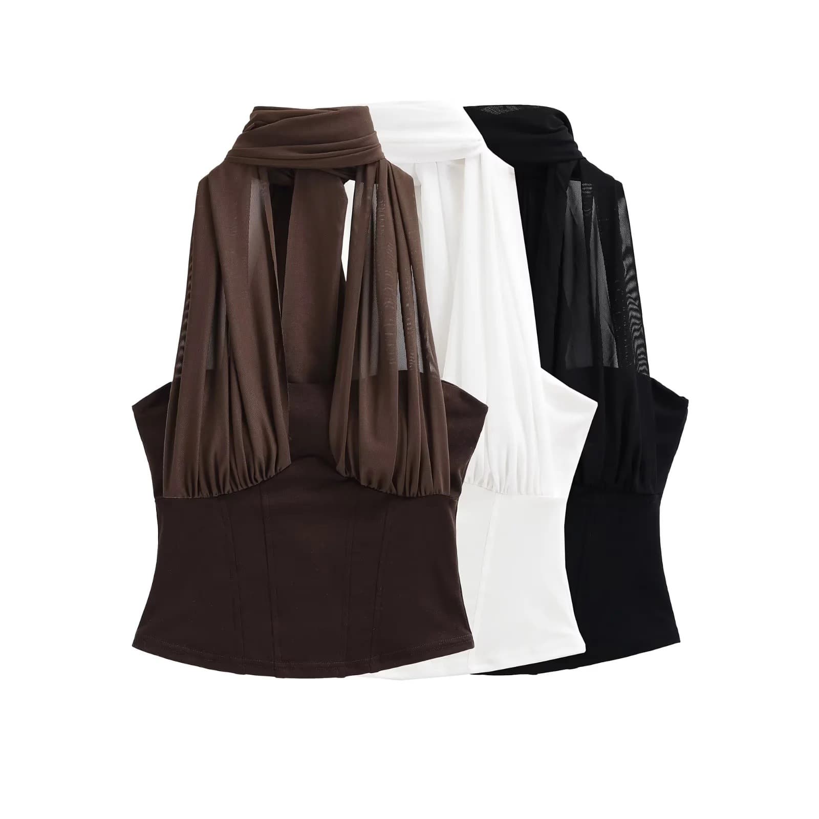 American hot girl halter neck mesh splicing camisole women's summer sexy sleeveless short top with breast pads and waist