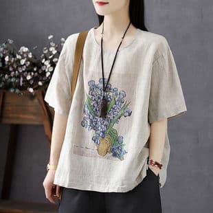 Linen T-Shirt Women Short Sleeve 2023 Summer New Style Ladies Top Loose Vintage Print Plus Size Women's T-Shirt Trendy