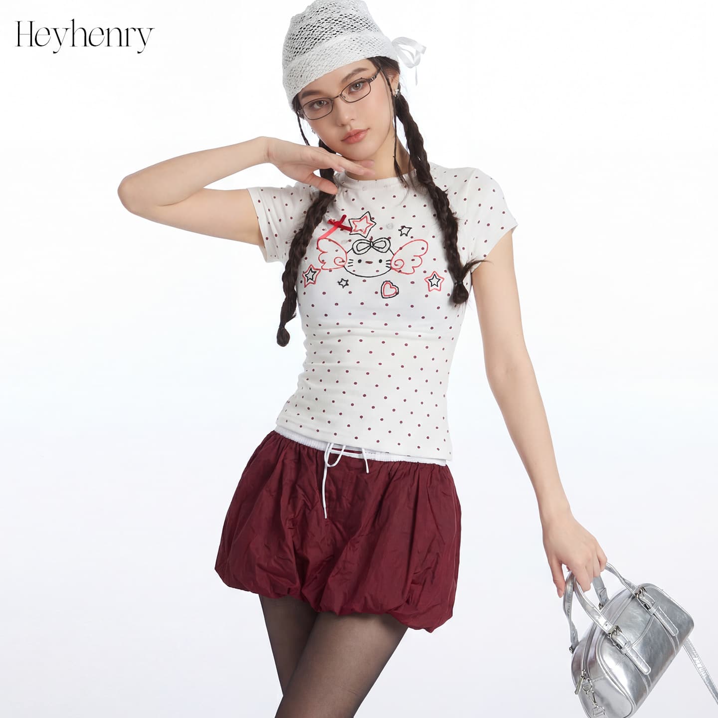 Heyhenry Summer Sweet and Spicy Polka Dot Slim-Fit Short-Sleeve T-Shirt for Girls, Versatile Kitty Style Top