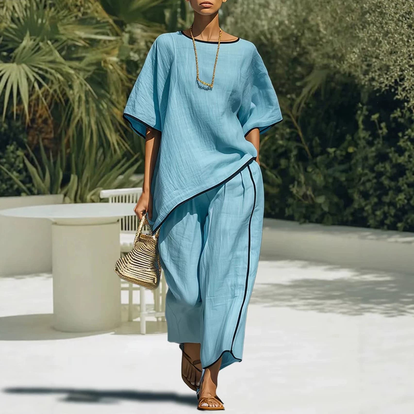 2026 Cross-border Amazon Independent Station European and American New Women's Color-block Round Neck Short Sleeve Top and Long Pants Two-piece Set