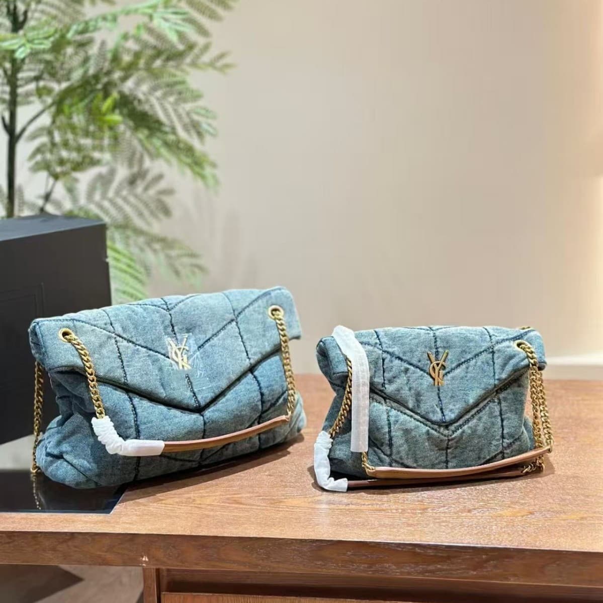 2026 New Style YSL Denim Washed Jeans YS Cloud Quilted Chain Shoulder Crossbody Bag
