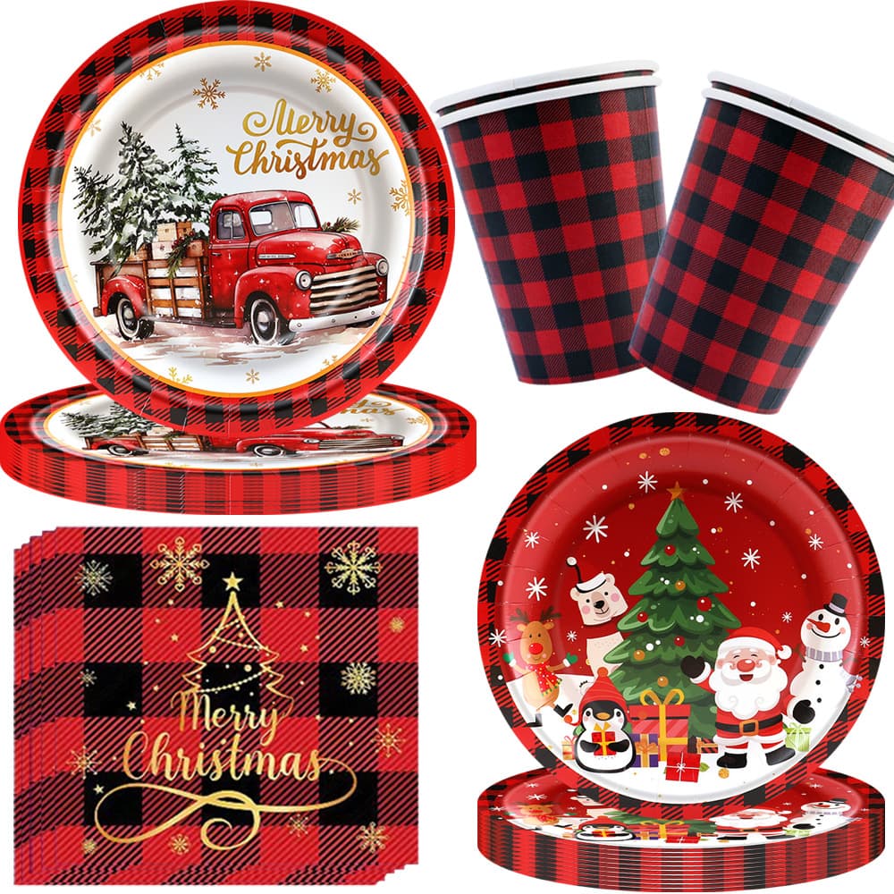 Cross-border Christmas theme red and green plaid Christmas car disposable tableware set paper plate party decoration supplies