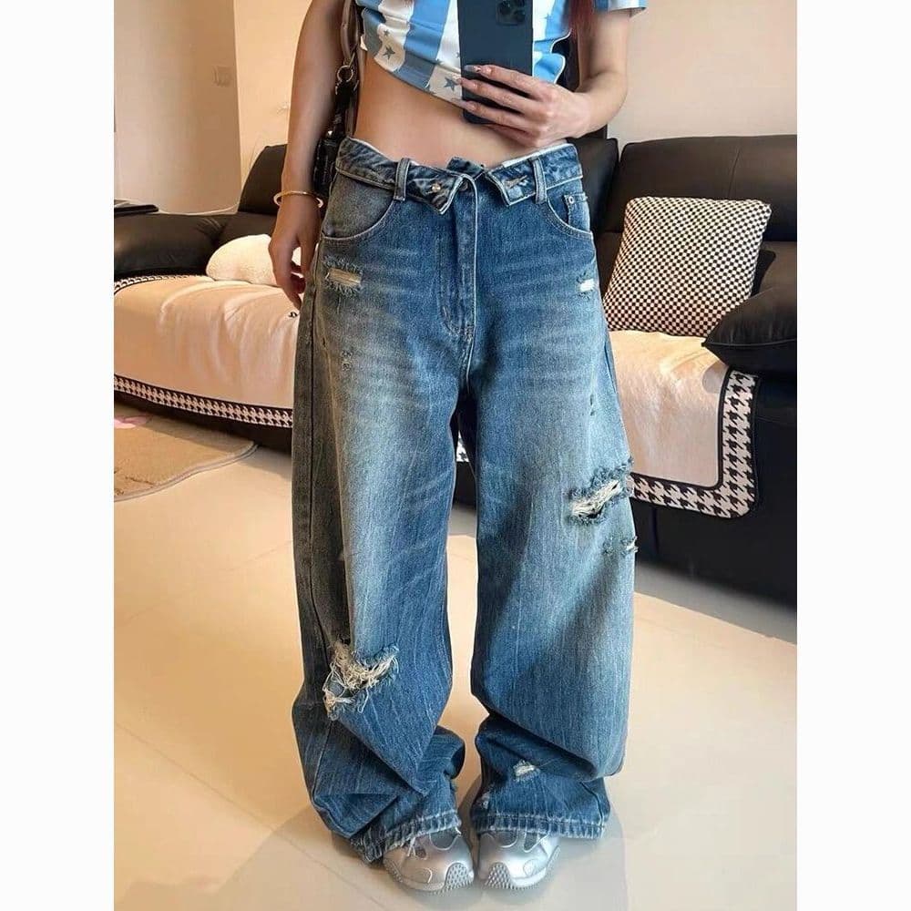 American Trendy Design Folded Waist Jeans for Women Summer Street Vintage Distressed Ripped Floor-Length Pants