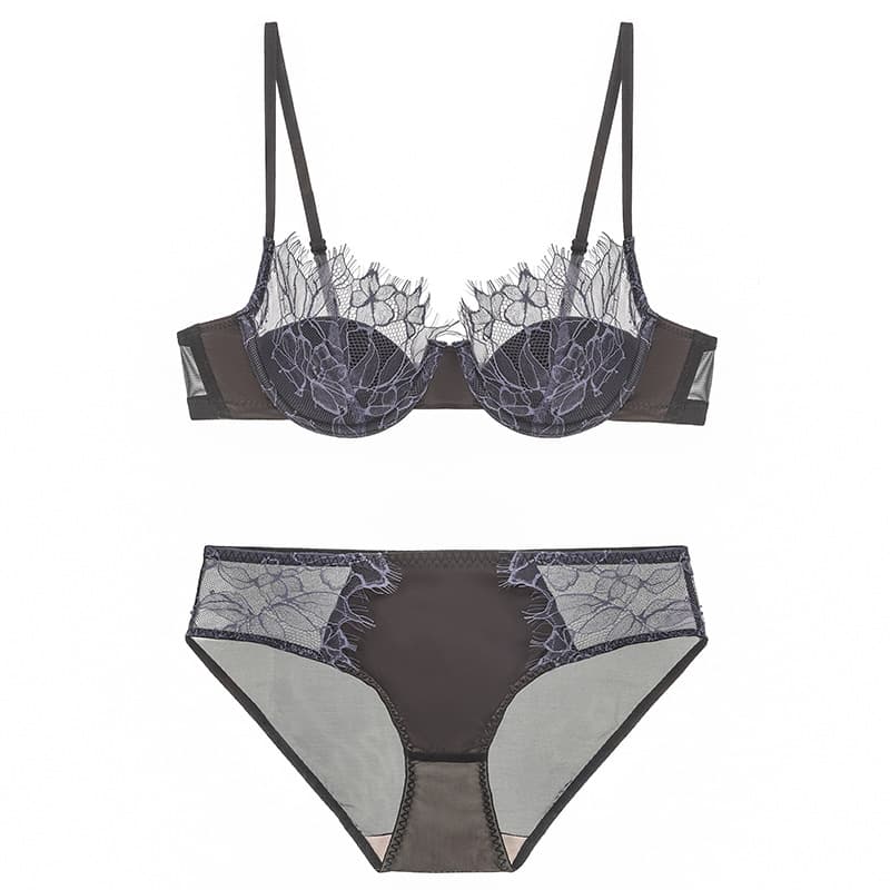 French Eyelash Lace Sexy Hollow Out Bra Set for Women, Soft Underwire, Thin Padded Push-Up Lift Bra